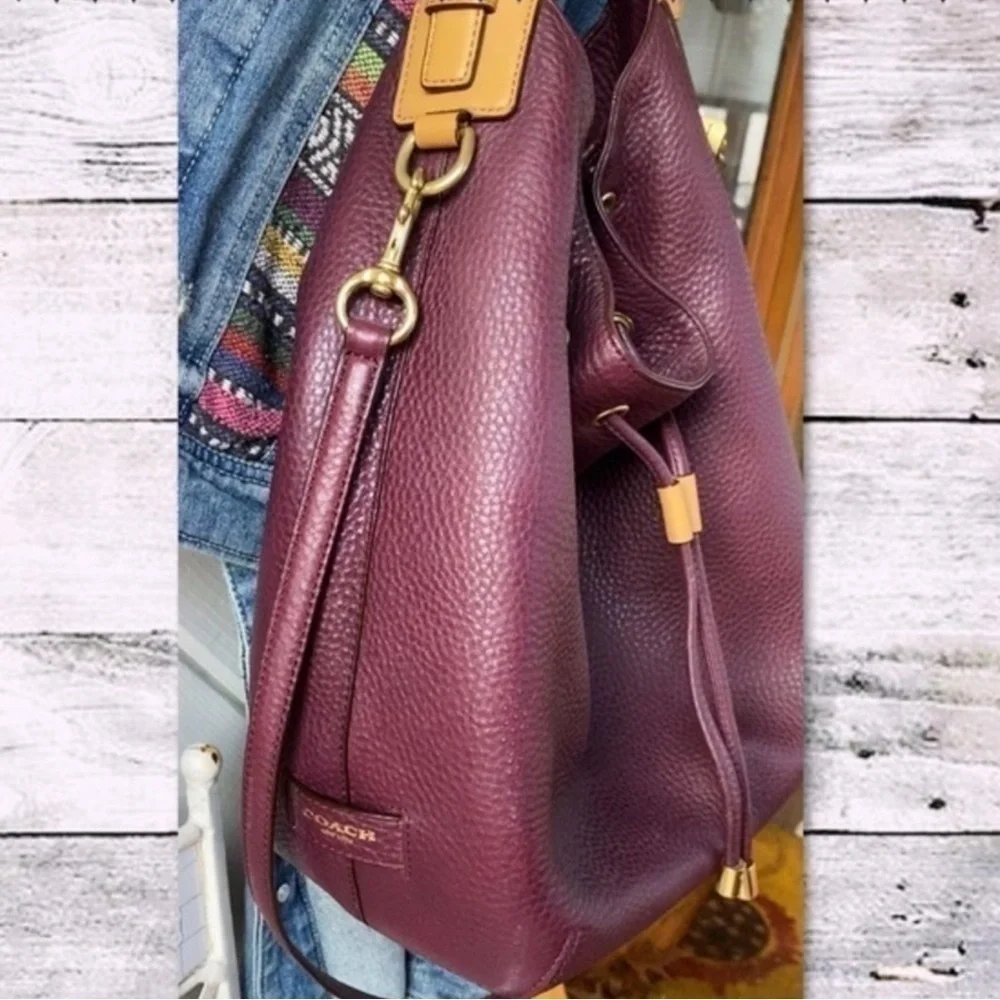 COACH EGGPLANT DRAWSTRING PEBBLED LEATHER BUCKET HOBO BAG